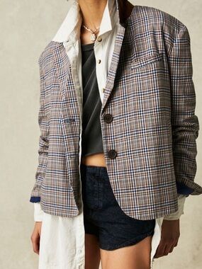 Free People We The Free Cali Plaid Blazer Blue Combo | Size Small